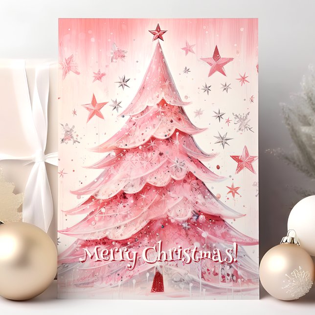 Cartes Pour Fêtes Annuelles Arbre De Noël Rose Et Étoiles Joyeux Noël (Créateur téléchargé)