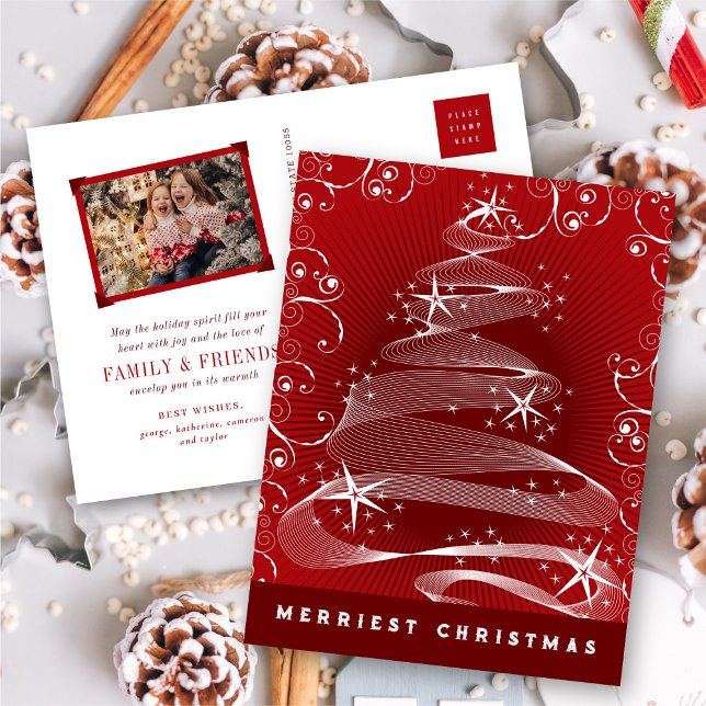 Cartes Pour Fêtes Annuelles Arbre de Noël Rouge Étincelant Abstrait Fils Chic (Sparkling Red Christmas Tree Abstract Swirls Chic Holiday Postcard @ fat_fa_tin)