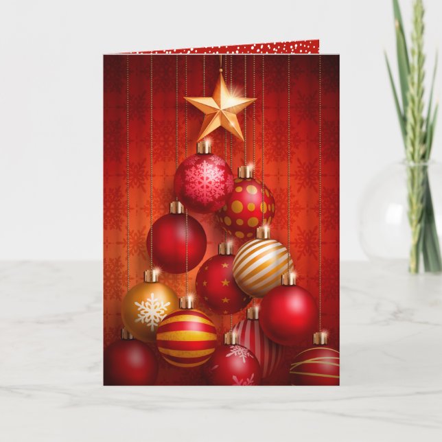 Cartes Pour Fêtes Annuelles Arbre de Noël Rouge Ornements Plié Affaires (Devant)