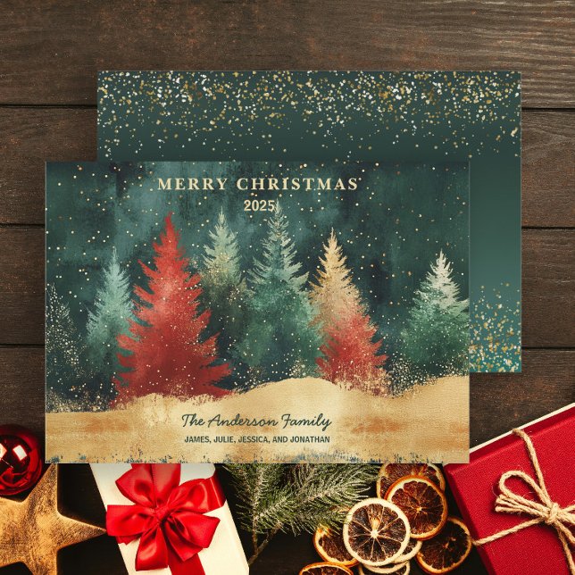 Cartes Pour Fêtes Annuelles Arbre de Noël Rouge Vert Luxe Élégant  (Elegant green, red, and gold glitter trees "Merry Christmas" greeting card)