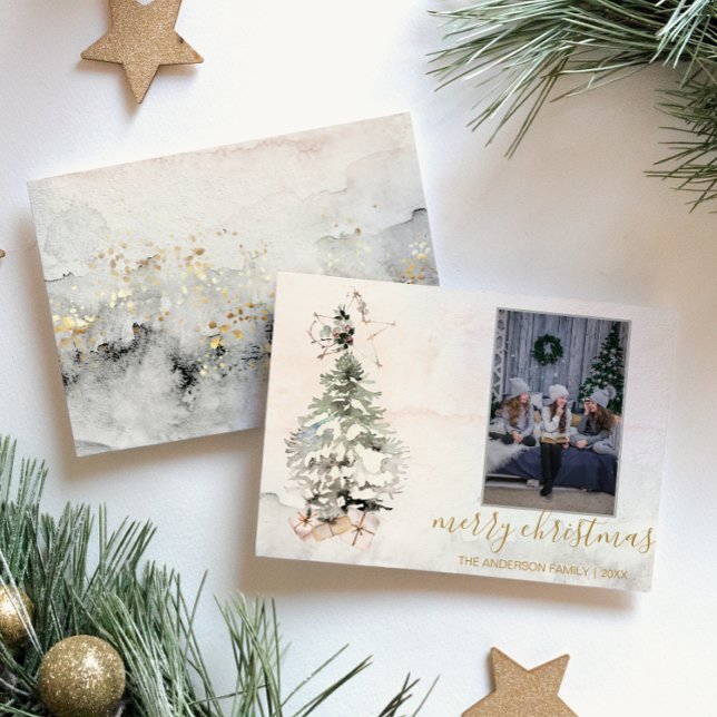 Cartes Pour Fêtes Annuelles Arbre de Noël rustique joyeux aquarelle photo (Créateur téléchargé)