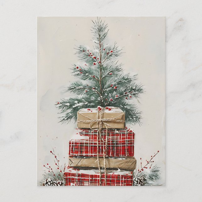 Cartes Pour Fêtes Annuelles Arbre de Noël rustique & Pile Cadeau Plaid (Devant)