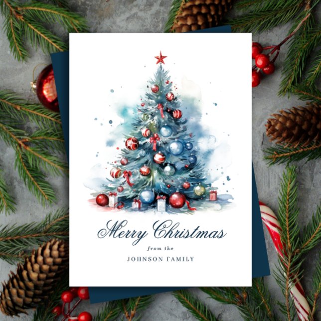 Cartes Pour Fêtes Annuelles Arbre de Noël Style Aquarelle Bleue (Créateur téléchargé)