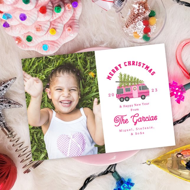 Cartes Pour Fêtes Annuelles Arbre de Noël sur photo rose RV (Créateur téléchargé)