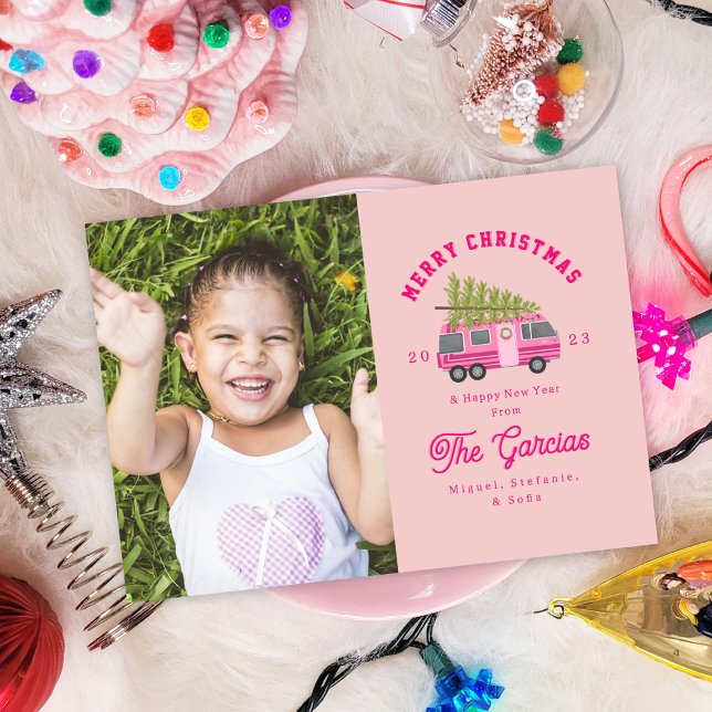 Cartes Pour Fêtes Annuelles Arbre de Noël sur photo rose RV (Créateur téléchargé)