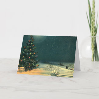 Cartes Pour Fêtes Annuelles Arbre de Noël Vintage à la nuit avec lumières