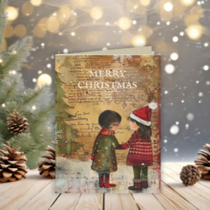 Cartes Pour Fêtes Annuelles Arbre de Noël Vintage Enfants Hiver Neige
