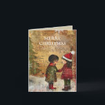 Cartes Pour Fêtes Annuelles Arbre de Noël Vintage Enfants Neige d'hiver<br><div class="desc">Carte de voeux vintage de Noël pliée avec le tableau de deux enfants debout dans la neige devant un sapin de Noël. Texte dit, "Joyeux Noël" mais est personnalisable pour votre propre salutation. Personnalisé au dos avec votre message et votre nom. Contactez-moi pour obtenir de l'aide sur votre personnalisation ou...</div>