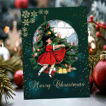 Cartes Pour Fêtes Annuelles Arbre de Noël Vintage, Petite Flamme de neige<br><div class="desc">Un sapin de Noël vintage,  une petite fille et des flocons de neige sur l'arrière - plan vert en font une carte de voeux de Noël ou de vacances parfaite pour les amis et la famille.</div>