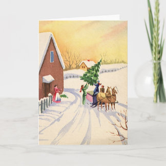 Cartes Pour Fêtes Annuelles Arbre de Noël Vintage sur une route hivernale enne