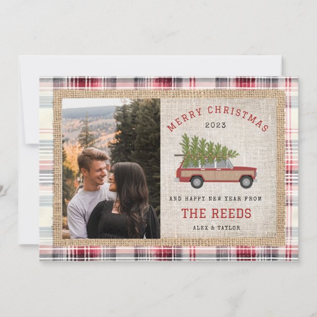 Cartes Pour Fêtes Annuelles Arbre de Noël Wagon voiture photo Tartan Plaid (Devant)