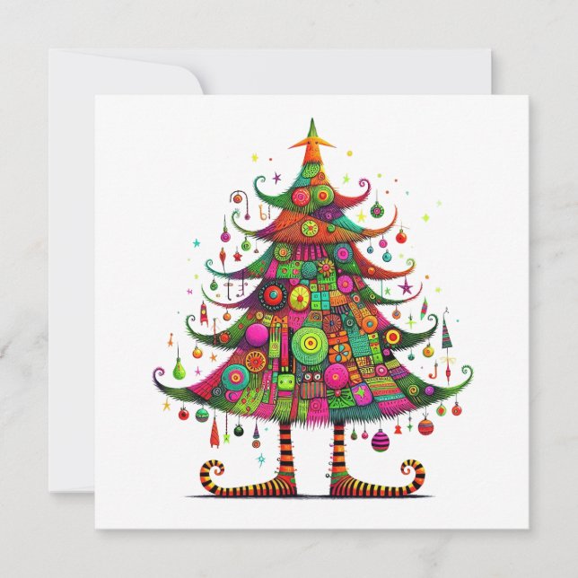 Cartes Pour Fêtes Annuelles Arbre de Noël Whimsical, Couleurs Lumineuses, (Devant)