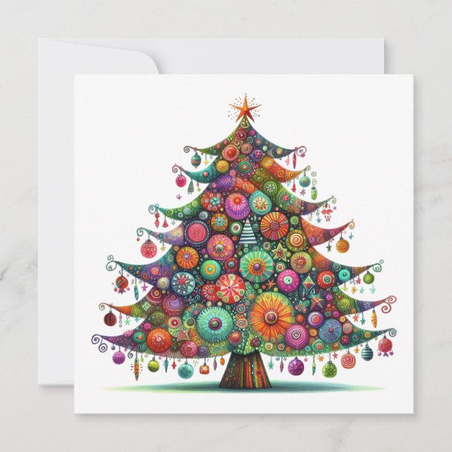 Cartes Pour Fêtes Annuelles Arbre de Noël Whimsical, Couleurs Lumineuses, (Devant)
