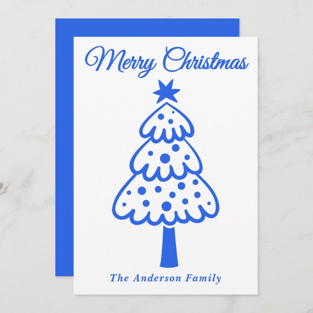 Cartes Pour Fêtes Annuelles Arbre de Noël Whimsical Royal Blue main tiré (Devant / Derrière)