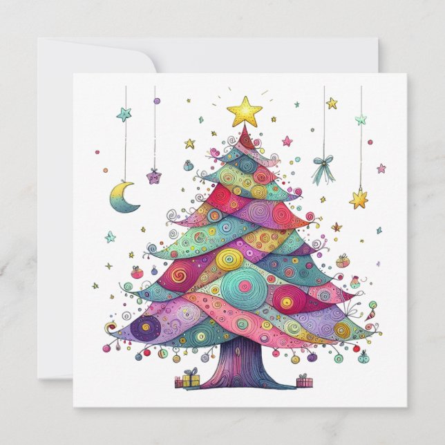 Cartes Pour Fêtes Annuelles Arbre de Noël Whimsical, style d'art populaire (Devant)