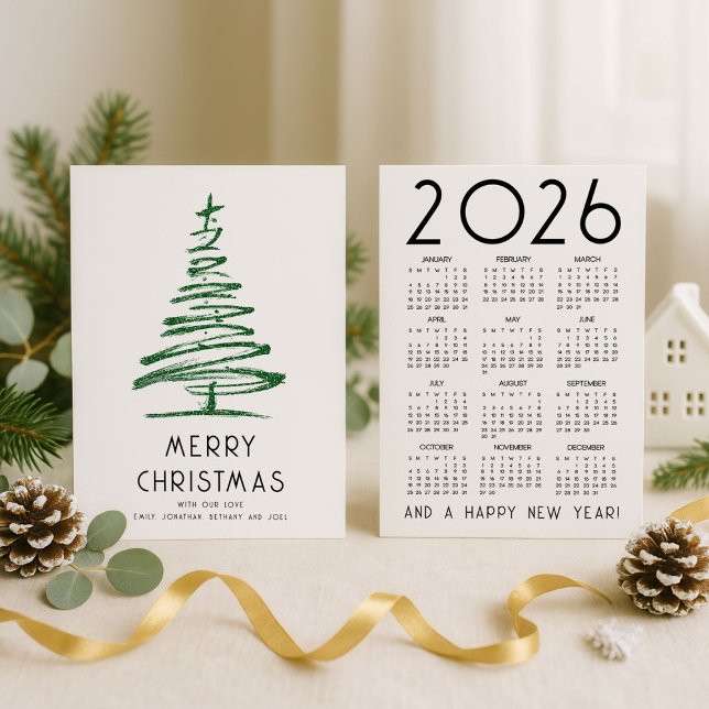 Cartes Pour Fêtes Annuelles Arbre de Parties scintillant verte 2026 Calendrier (Front and back view)
