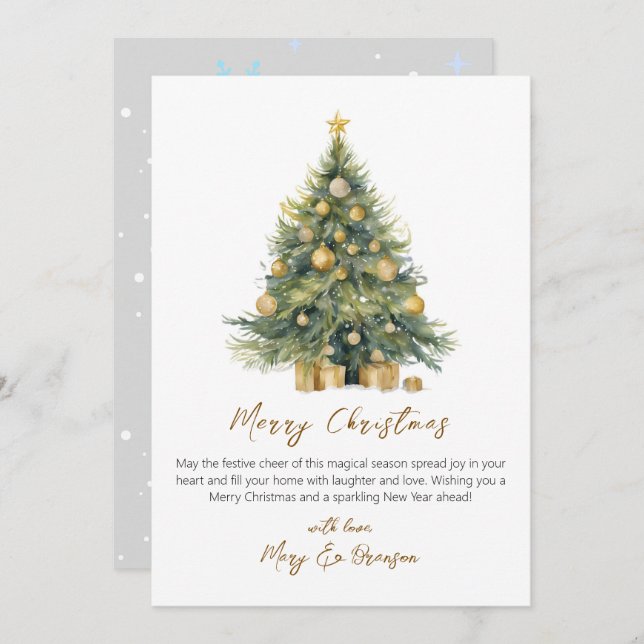 Cartes Pour Fêtes Annuelles Arbre de script élégant non photo aquarelle Noël (Devant / Derrière)