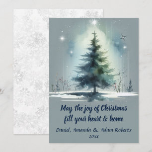 Cartes Pour Fêtes Annuelles Arbre de style aquarelle sur fond bleu moyen