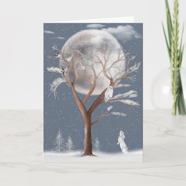 Cartes Pour Fêtes Annuelles Arbre d'hiver avec lune et hibou (Devant)