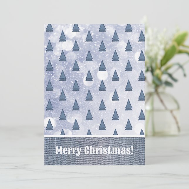 Cartes Pour Fêtes Annuelles Arbre en denim bleu scène hivernale patchwork (Debout devant)