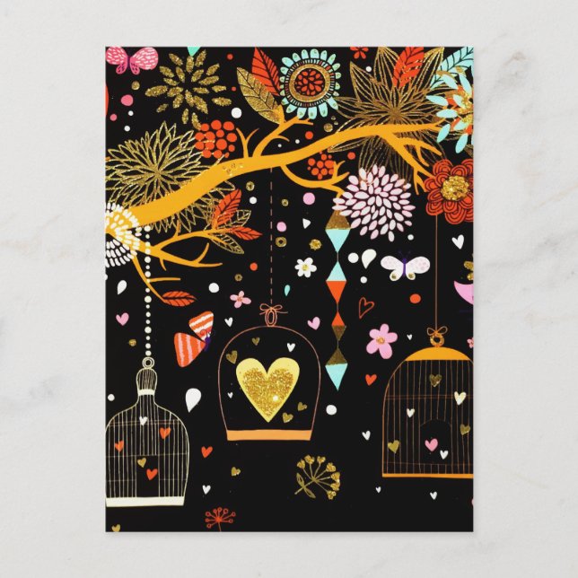 Cartes Pour Fêtes Annuelles Arbre en fleurs printanières Oiseau doré en amour (Devant)