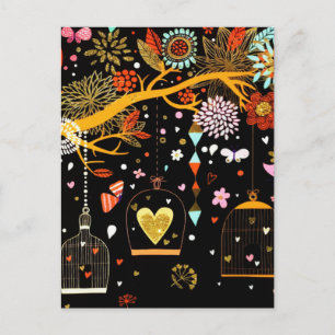 Cartes Pour Fêtes Annuelles Arbre fleuri de printemps Oiseau doré en amour