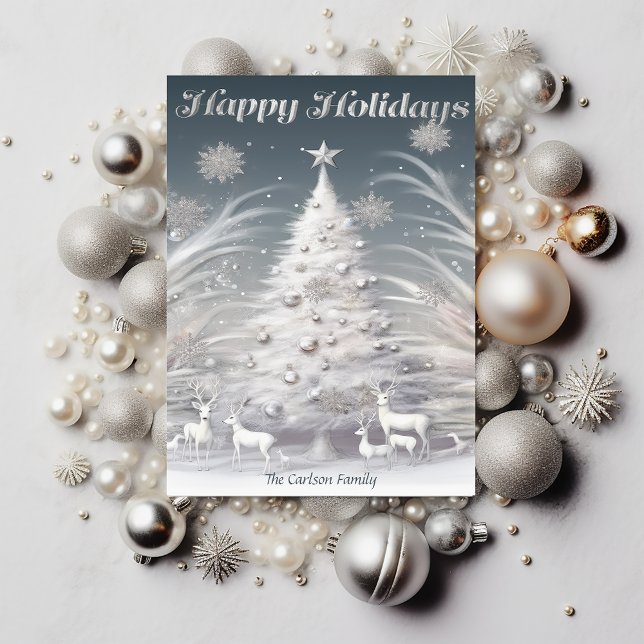Cartes Pour Fêtes Annuelles Arbre gelé en argent enchanté et rennes Noël (Enchanting Silver Frosted Trees and Reindeer Holiday Christmas Card)