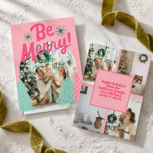 Cartes Pour Fêtes Annuelles Arbre gribouillé rose « Be Merry » avec cadre phot