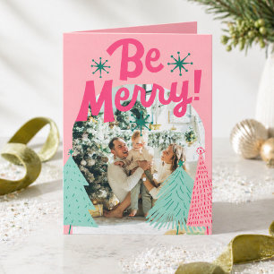 Cartes Pour Fêtes Annuelles Arbre gribouillé rose « Be Merry » avec cadre phot