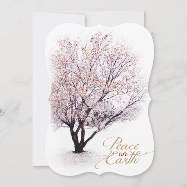 Cartes Pour Fêtes Annuelles Arbre hivernal paisible dans la neige avec Paix su (Devant)