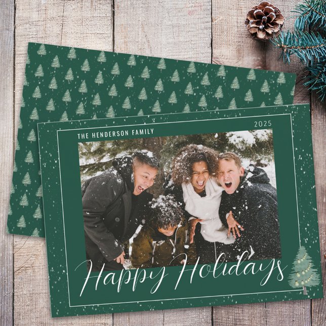 Cartes Pour Fêtes Annuelles Arbre moderne Neige Joyeux Vacances Famille Photo  (Modern fir tree lights snow watercolor green and white christmas family photo card Snowy woodland )
