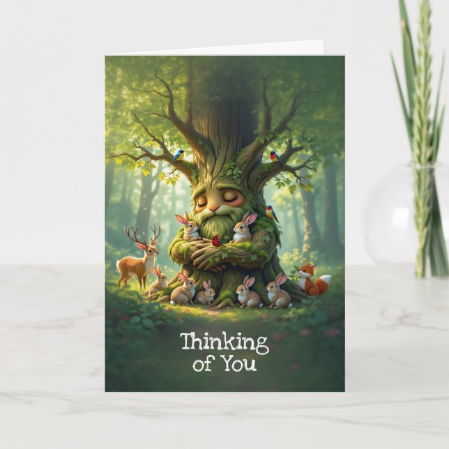 Cartes Pour Fêtes Annuelles Arbre Père Whimsical avec des Créatures de Forêt (Devant)