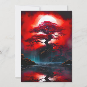 Cartes Pour Fêtes Annuelles Arbre rouge mystique sous la pleine lune