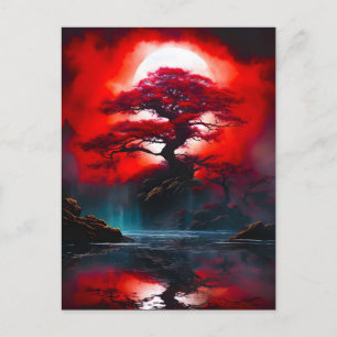 Cartes Pour Fêtes Annuelles Arbre rouge mystique sous la pleine lune