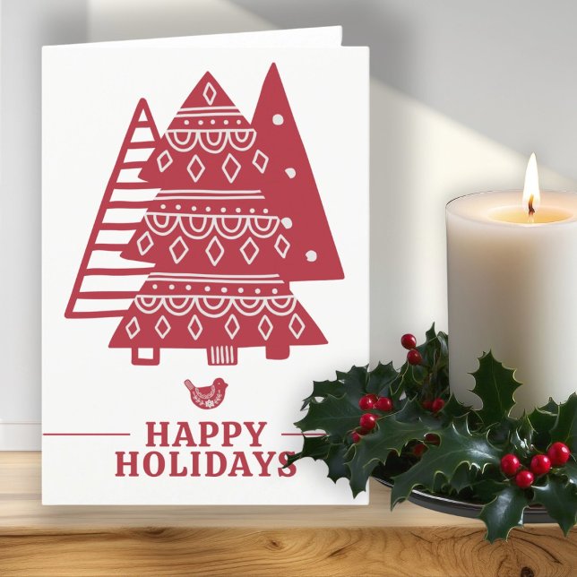 Cartes Pour Fêtes Annuelles Arbre scandinave Noël nordique Personnalisé (Scandinavian Tree Nordic Christmas Personalized Holiday Card by Ricaso. Red Scandi Christmas trees)