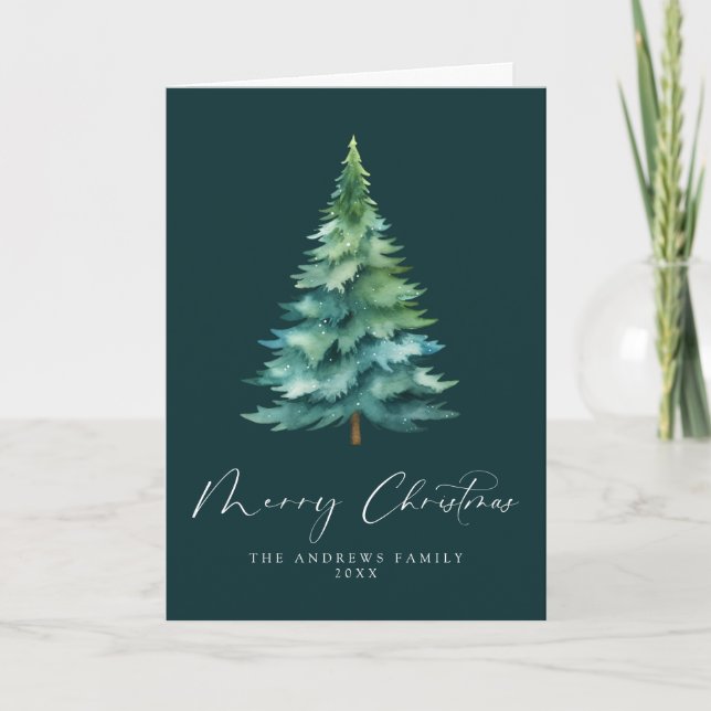 Cartes Pour Fêtes Annuelles Arbre vert Joyeux Noël Aquarelle Arbre non photo (Devant)