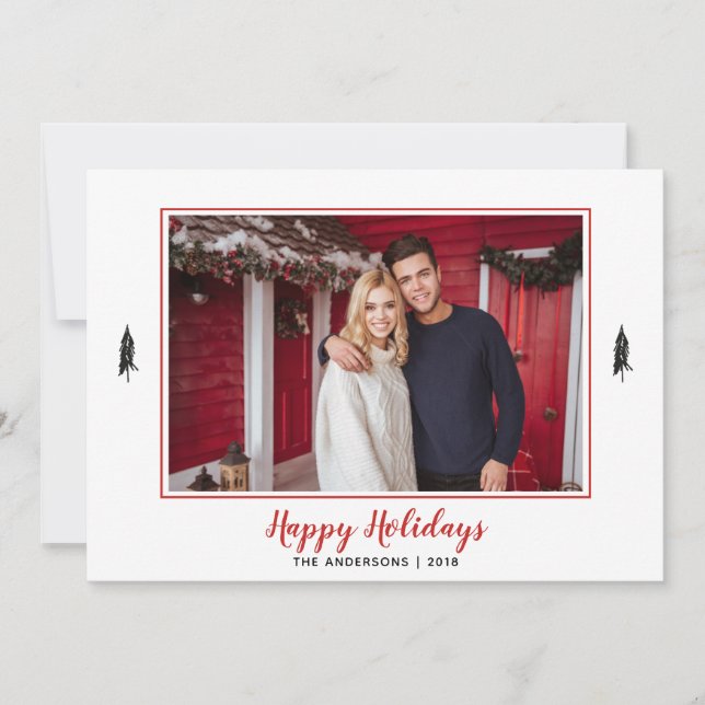 Cartes Pour Fêtes Annuelles Arbres À feuillage persistant noirs et blancs Phot (Devant)