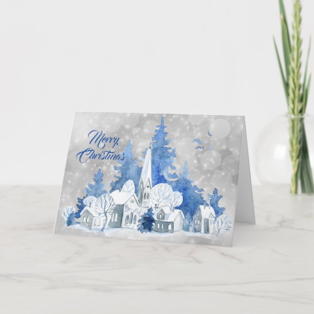 Cartes Pour Fêtes Annuelles Arbres de l'église bleue russe Aquarelle Noël (Devant)