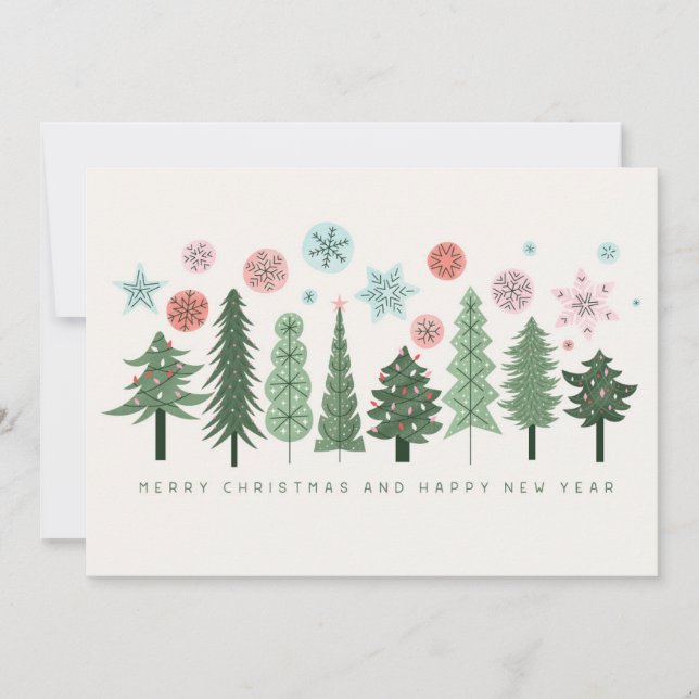 Cartes Pour Fêtes Annuelles Arbres de Noël et flocons de neige stylisés (Devant)