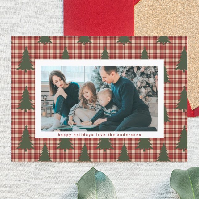 Cartes Pour Fêtes Annuelles Arbres de Noël modernes Maroon Rouge Photo Plaid (Créateur téléchargé)