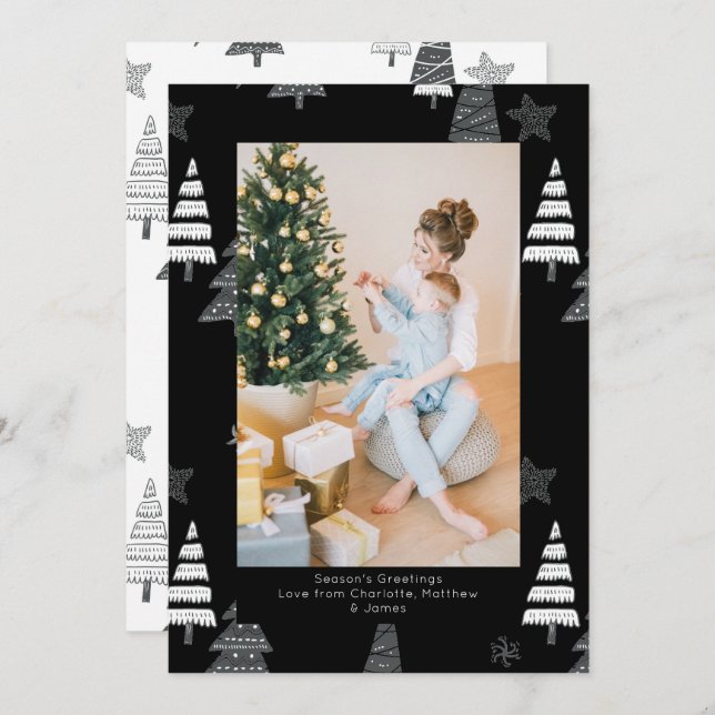 Cartes Pour Fêtes Annuelles Arbres de Noël Motif noir blanc personnalisé (Devant / Derrière)