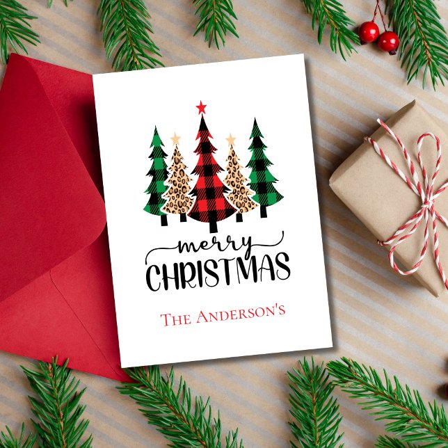 Cartes Pour Fêtes Annuelles Arbres de Noël Rouge Vert noir Buffle Plaid (Christmas Trees Buffalo Plaid Leopard Print Merry Christmas Card  Printed Digital Instant Download)