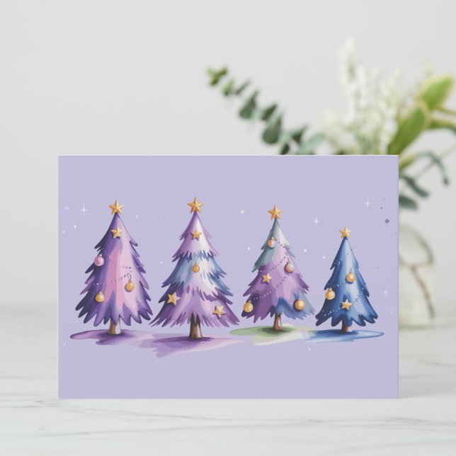 Cartes Pour Fêtes Annuelles Arbres de Noël violets Vacances d'hiver (Debout devant)