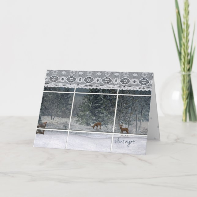 Cartes Pour Fêtes Annuelles arbres de nuit enneigés et cerfs regardant par la  (Devant)