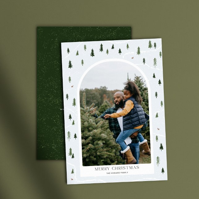 Cartes Pour Fêtes Annuelles Arbres d'hiver joyeux Noël 1 arche photo (Winter woods Arch photo holiday card shown with dark green backfile on a light green background 
)