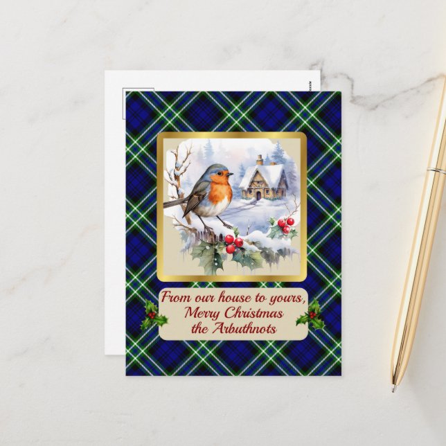 Cartes Pour Fêtes Annuelles Arbuthnot Crest & Tartan avec Robin Personnalisé (Devant/Arrière en situation)