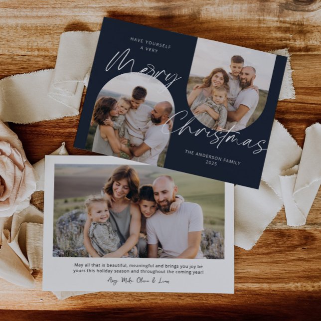 Cartes Pour Fêtes Annuelles Arc Bleu Photos Moderne Élégant Script Noël (Créateur téléchargé)