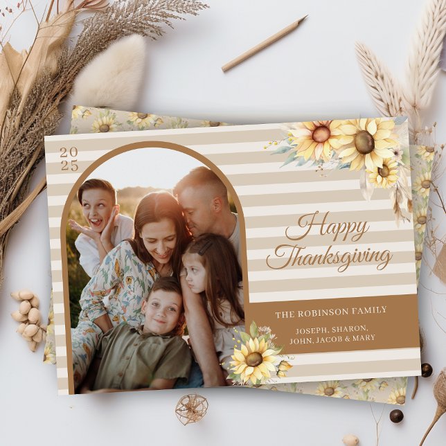 Cartes Pour Fêtes Annuelles Arc d'automne Sunflowers Bon thanksgiving chic (elegant tan and cream happy thanksgiving card with arch photo and watercolor sunflowers and message)