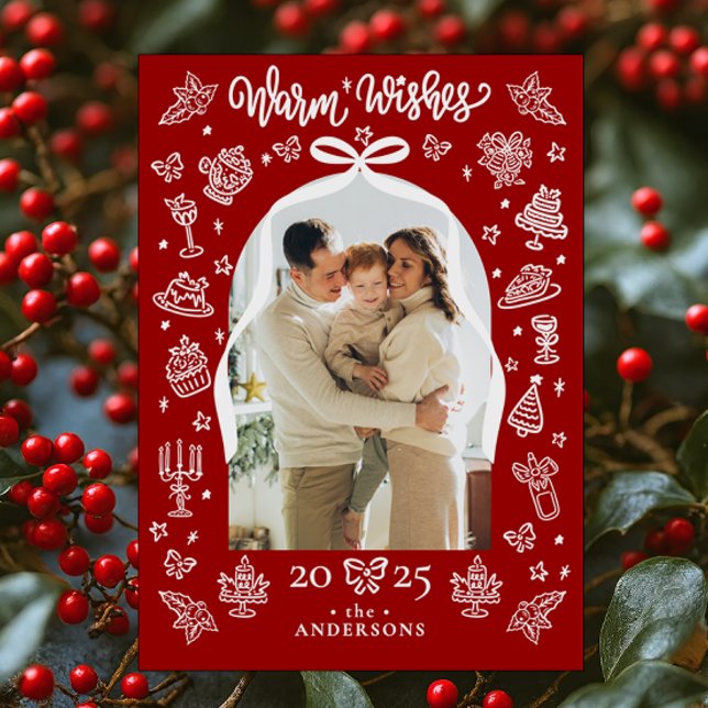 Cartes Pour Fêtes Annuelles Arc de Doodle Rouge Photo "Chaleureux voeux" Noël (Créateur téléchargé)