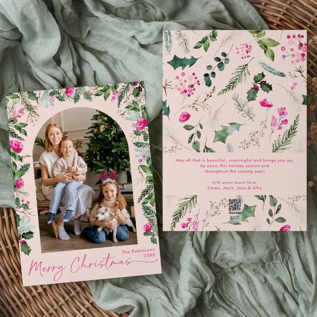 Cartes Pour Fêtes Annuelles Arc de feuillage rose moderne Joyeux Noël 1 Photo (Créateur téléchargé)